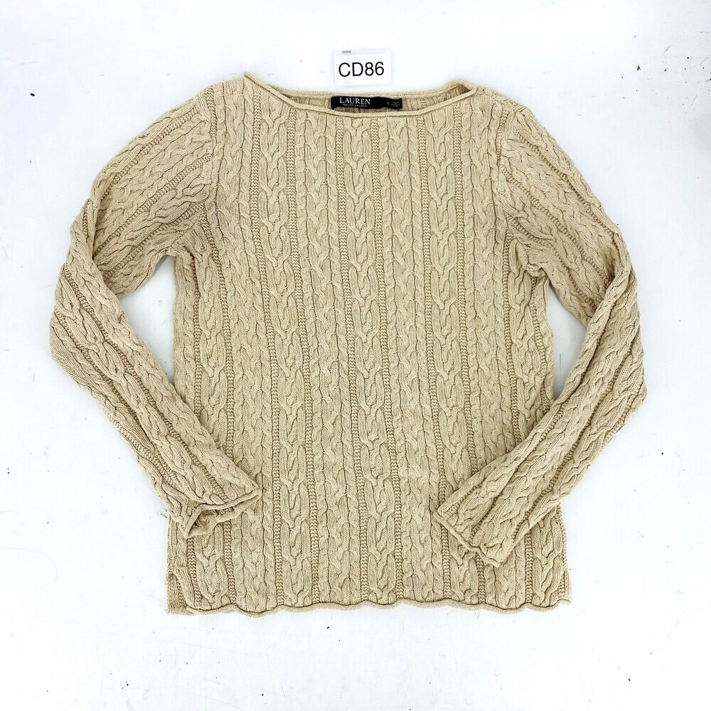 Lauren Ralph Lauren Cream Boat Neck Cable Knit Sweater Old Money Size Large